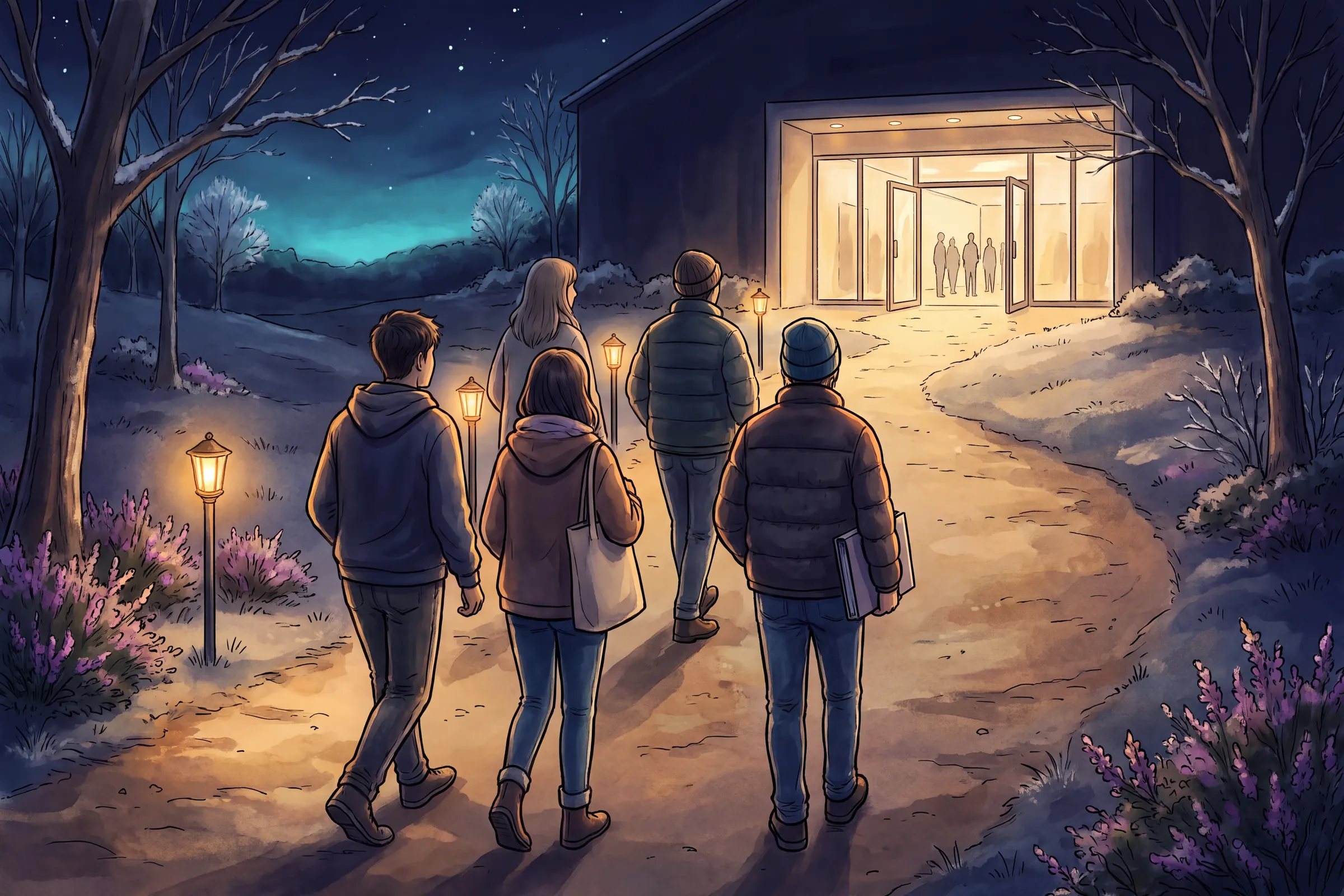 Bezoekers lopen in de avond over een verlicht pad naar de open ingang van de zaal